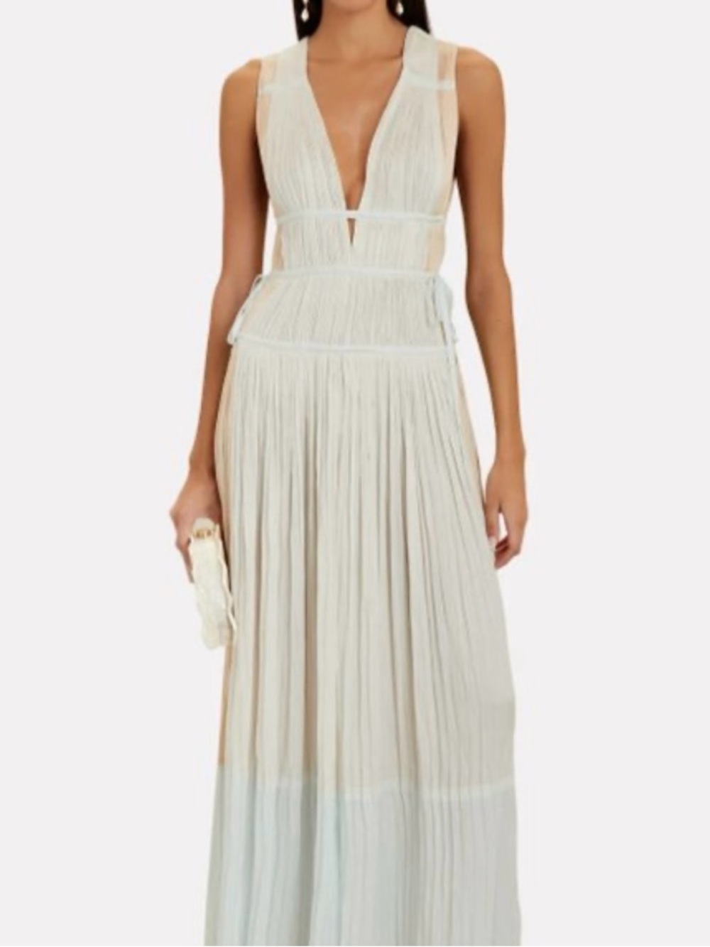 Ulla Johnson Cream Plunging V-Neck Pleated Maxi Dress